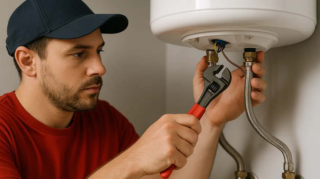 A male plumbing technician tightening a water heater connection from Plumbing Lake Travis in Austin, TX - Backflow prevention