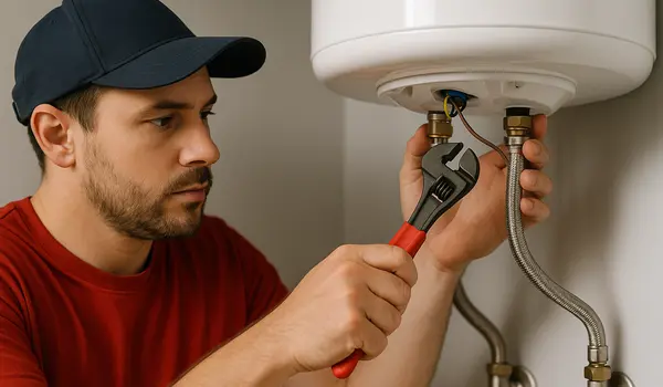 A male plumbing technician tightening a water heater connection from Plumbing Lake Travis in Austin, TX - Backflow prevention