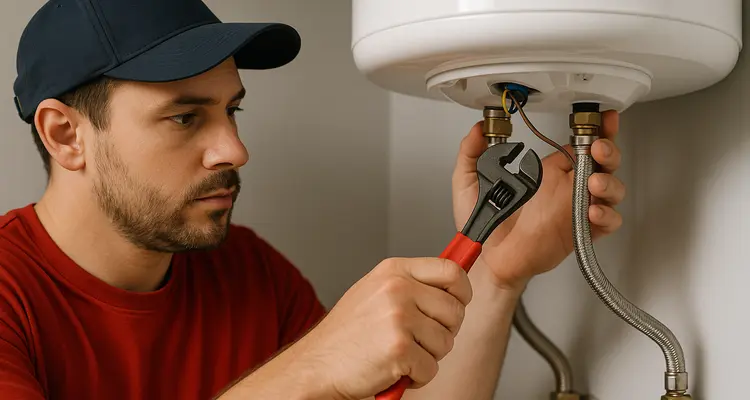 A male plumbing technician tightening a water heater connection from Plumbing Lake Travis in Austin, TX - Backflow prevention