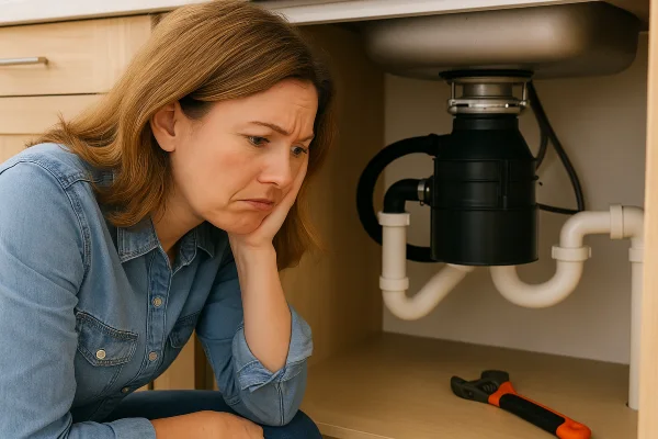A sad woman looking a broken garbage disposal from Plumbing Lake Travis in Austin, TX - Backflow prevention A sad woman looking a broken garbage disposal from Plumbing Lake Travis in Austin, TX - Backflow prevention