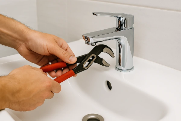 A technician fixing bathroom a water faucet from Plumbing Lake Travis in Austin, TX - Backflow prevention A technician fixing bathroom a water faucet from Plumbing Lake Travis in Austin, TX - Backflow prevention