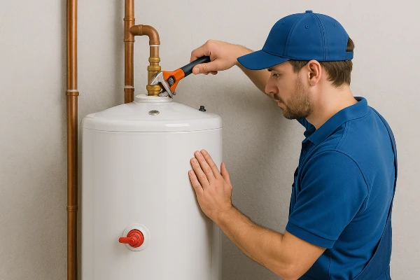 a male plumber installing a garbage disposal from Plumbing Lake Travis in Cedar Park, TX - Cedar Park TX a male plumber installing a garbage disposal from Plumbing Lake Travis in Cedar Park, TX - Cedar Park TX