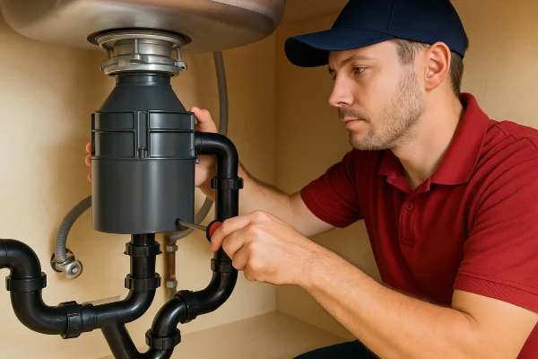 A male plumber with a screwdriver fixing a garbage diposal from Plumbing Lake Travis in Austin, TX - Clogged Drain Service A male plumber with a screwdriver fixing a garbage diposal from Plumbing Lake Travis in Austin, TX - Clogged Drain Service