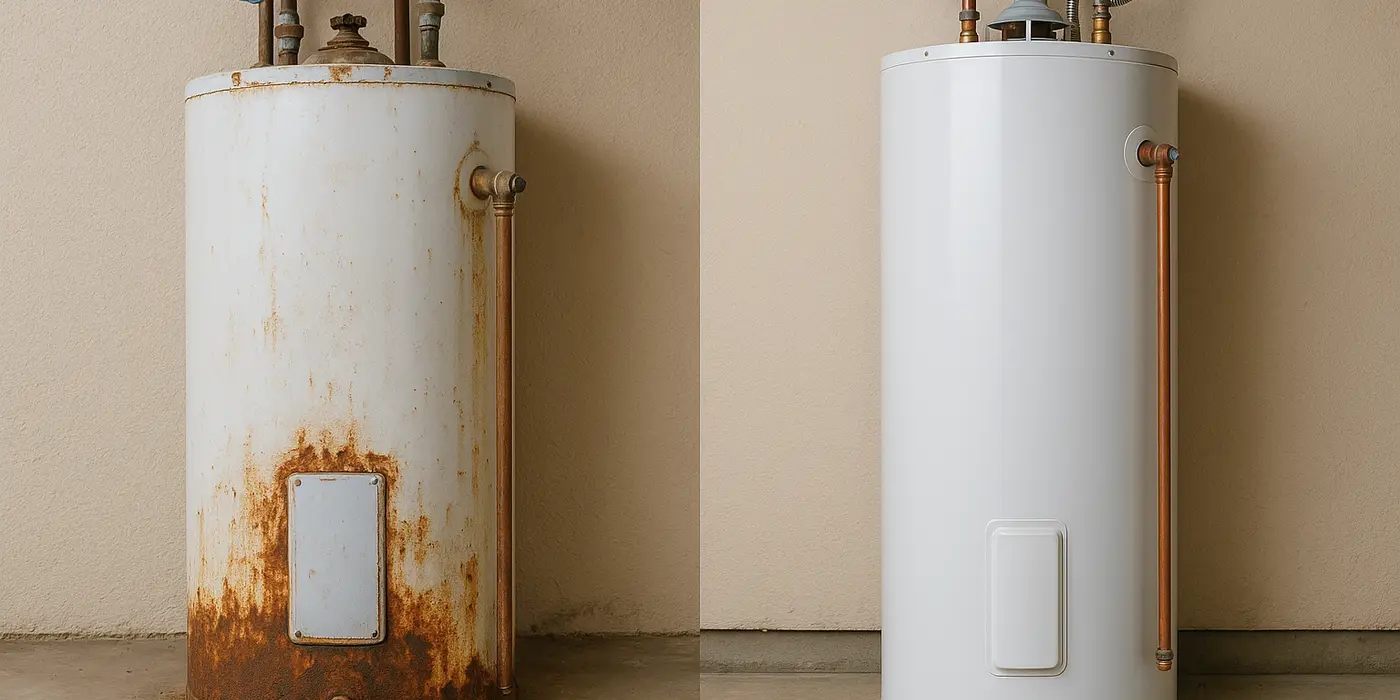 One rusted water heater next to a brand new water heater from Plumbing Lake Travis in Austin, TX - Clogged Toilet Solutions One rusted water heater next to a brand new water heater from Plumbing Lake Travis in Austin, TX - Clogged Toilet Solutions