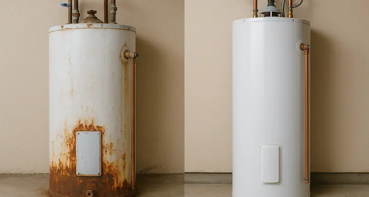 One rusted water heater next to a brand new water heater from Plumbing Lake Travis in Austin, TX - Clogged Toilet Solutions