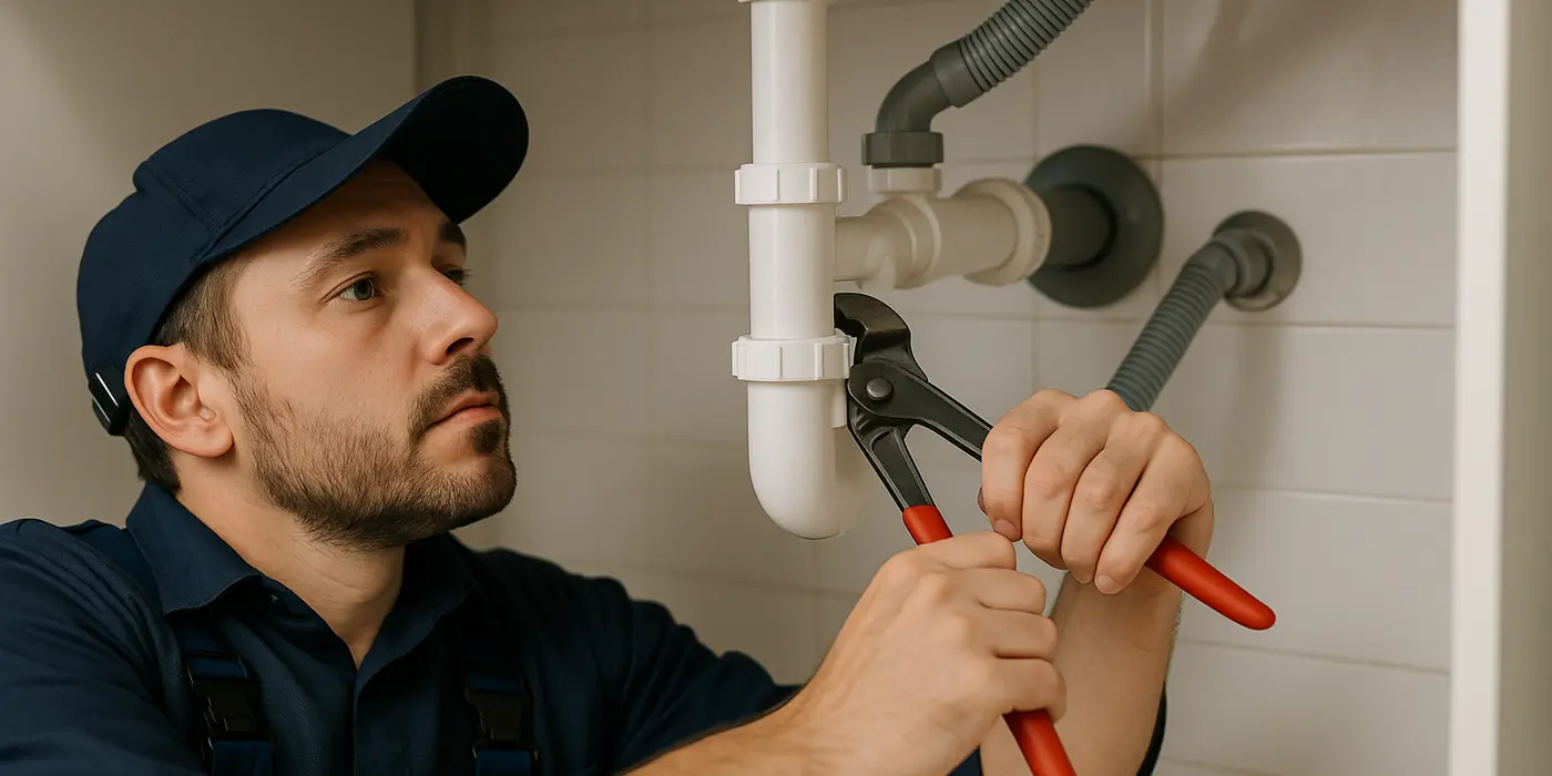 A male plumbing technician tightening a sink pipe from Plumbing Lake Travis in Austin, TX - Fixture Repair A male plumbing technician tightening a sink pipe from Plumbing Lake Travis in Austin, TX - Fixture Repair