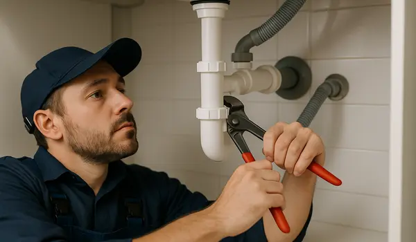 A male plumbing technician tightening a sink pipe from Plumbing Lake Travis in Austin, TX - Fixture Repair