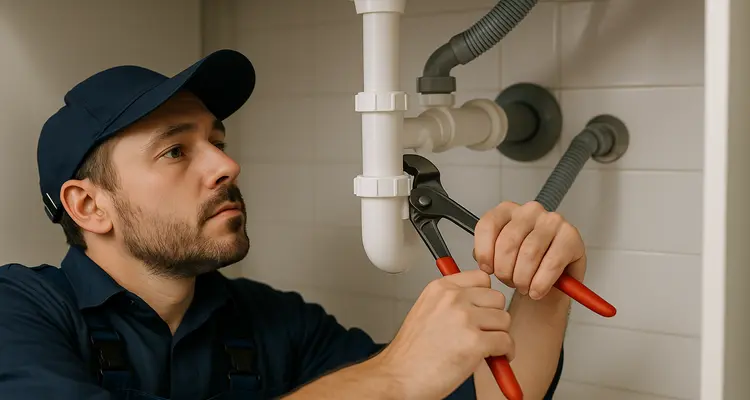 A male plumbing technician tightening a sink pipe from Plumbing Lake Travis in Austin, TX - Fixture Repair