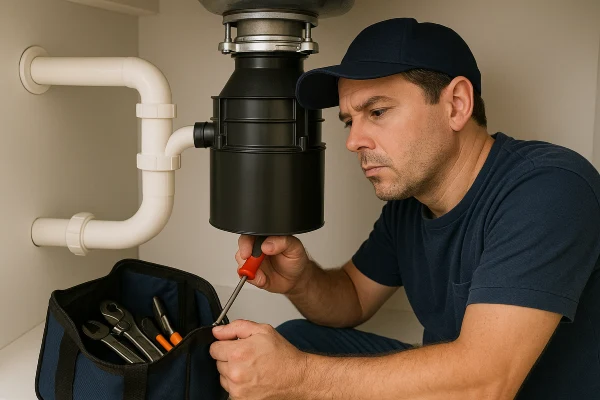 A male plumbing technician fixing a garbage disposal from Plumbing Lake Travis in Austin, TX - Fixture Repair A male plumbing technician fixing a garbage disposal from Plumbing Lake Travis in Austin, TX - Fixture Repair