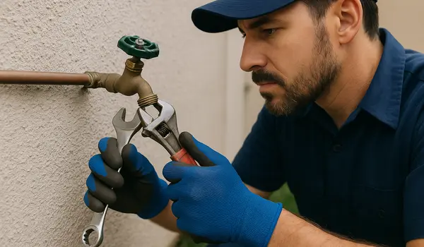 A male plumber fixing an outdoor faucet from Plumbing Lake Travis in Georgetown, TX - Georgetown TX
