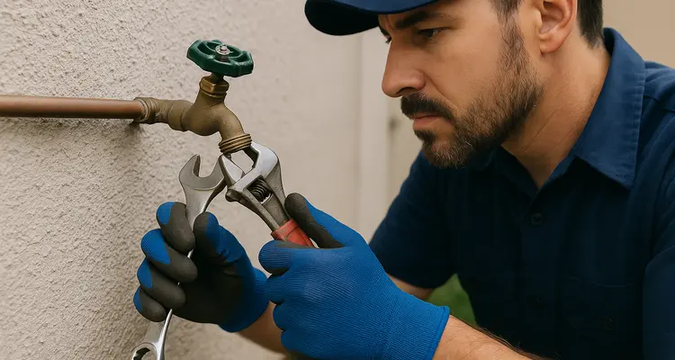 A male plumber fixing an outdoor faucet from Plumbing Lake Travis in Georgetown, TX - Georgetown TX