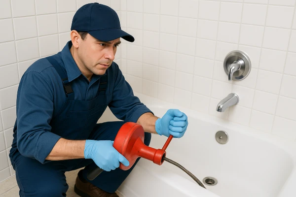 A plumber running a snake to clear a bathtub drain from Plumbing Lake Travis in Georgetown, TX - Georgetown TX A plumber running a snake to clear a bathtub drain from Plumbing Lake Travis in Georgetown, TX - Georgetown TX