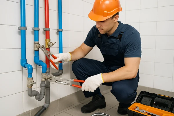 A plumber working on commercial pipe connections from Plumbing Lake Travis in Georgetown, TX - Georgetown TX A plumber working on commercial pipe connections from Plumbing Lake Travis in Georgetown, TX - Georgetown TX
