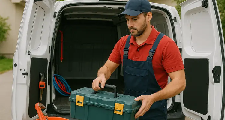 A plumbing technician putting his tool box back in his van from Plumbing Lake Travis in Austin, TX - Kitchen Sink Repair and installation