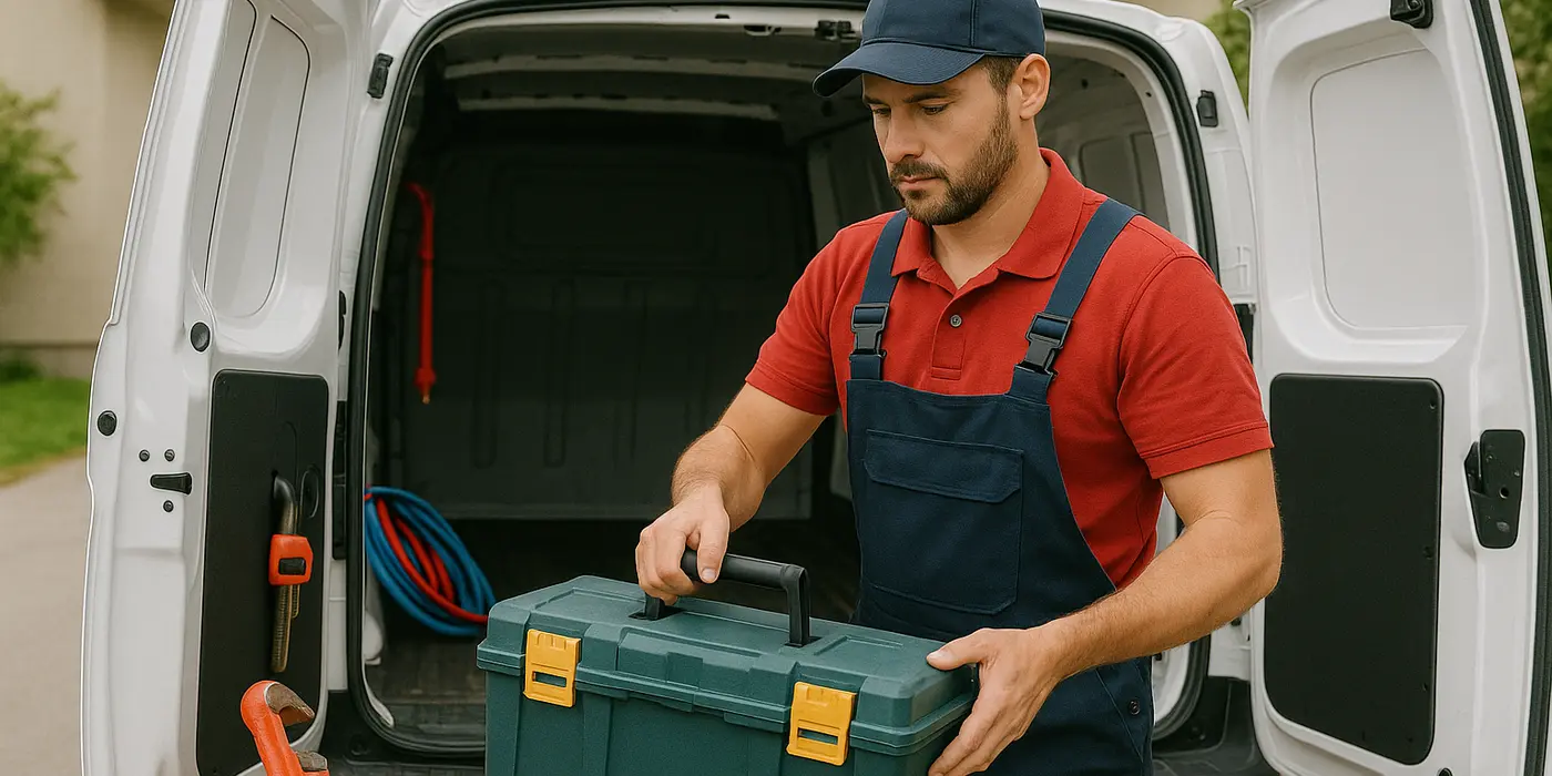 A plumbing technician putting his tool box back in his van from Plumbing Lake Travis in Pflugerville, TX - Pflugerville TX A plumbing technician putting his tool box back in his van from Plumbing Lake Travis in Pflugerville, TX - Pflugerville TX