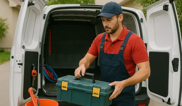 A plumbing technician putting his tool box back in his van from Plumbing Lake Travis in Pflugerville, TX - Pflugerville TX
