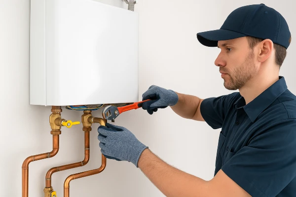A plumber working on a tankless water heater from Plumbing Lake Travis in Pflugerville, TX - Pflugerville TX A plumber working on a tankless water heater from Plumbing Lake Travis in Pflugerville, TX - Pflugerville TX