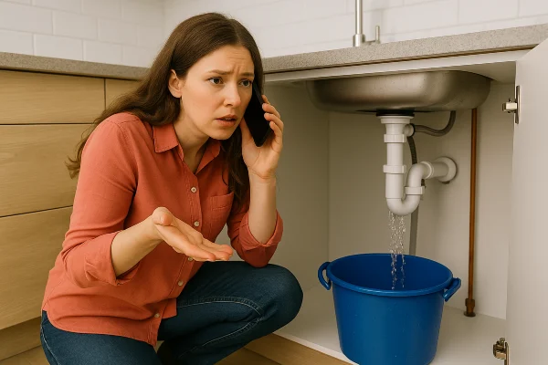 A woman on the phone with a water leak problem underneath the kitchen sink from Plumbing Lake Travis in Pflugerville, TX - Pflugerville TX A woman on the phone with a water leak problem underneath the kitchen sink from Plumbing Lake Travis in Pflugerville, TX - Pflugerville TX