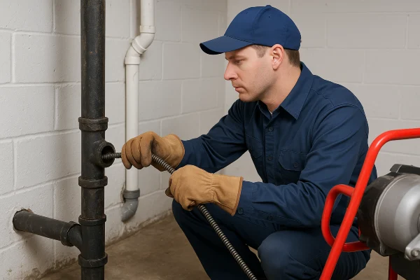 A plumber using a snake to clear a plumbing pipe from Plumbing Lake Travis in Pflugerville, TX - Pflugerville TX A plumber using a snake to clear a plumbing pipe from Plumbing Lake Travis in Pflugerville, TX - Pflugerville TX