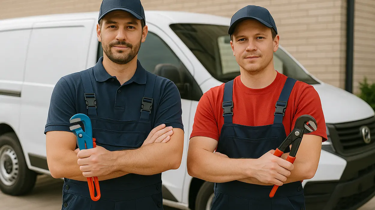 2 male plumbers looking at the camera from Plumbing Lake Travis in Austin, TX - Pipe Plumbing Repairs