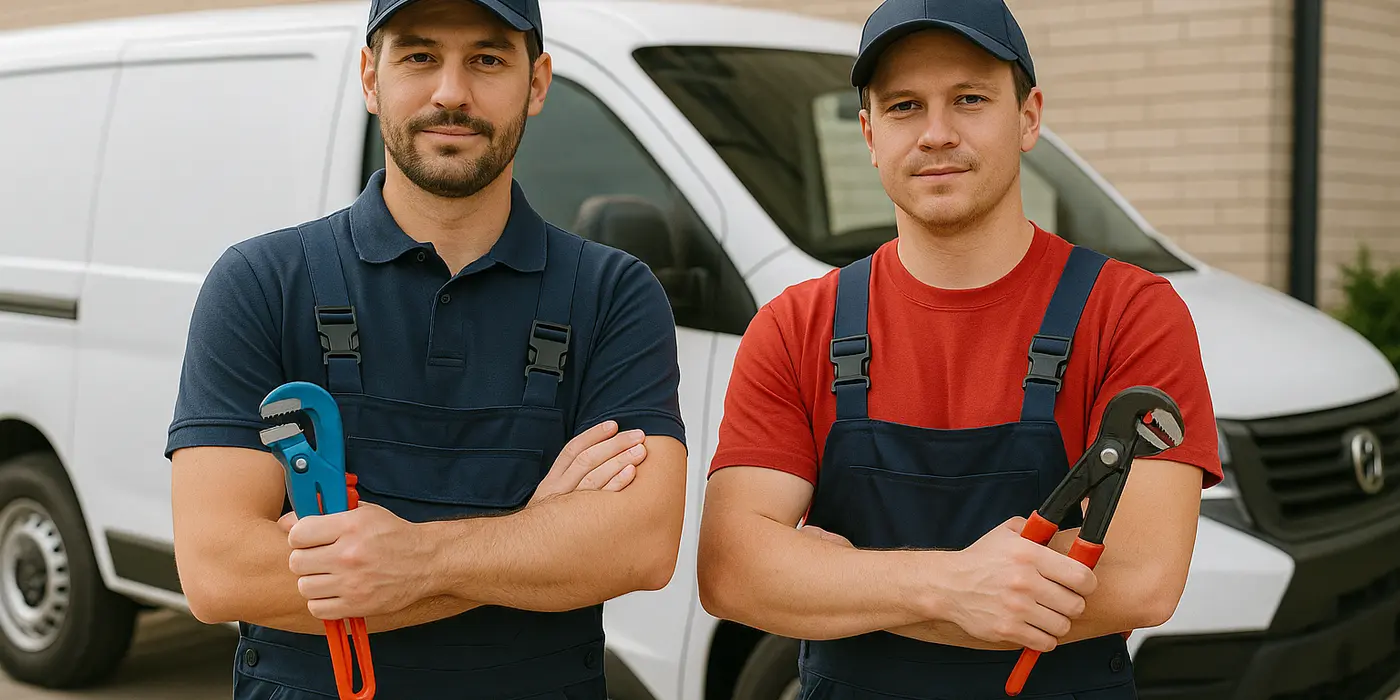 2 male plumbers looking at the camera from Plumbing Lake Travis in Austin, TX - Pipe Plumbing Repairs