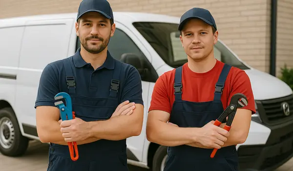 2 male plumbers looking at the camera from Plumbing Lake Travis in Austin, TX - Pipe Plumbing Repairs