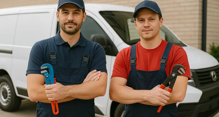 2 male plumbers looking at the camera from Plumbing Lake Travis in Austin, TX - Pipe Plumbing Repairs