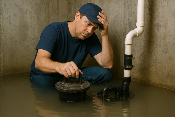 A worried plumber in a flooded room from Plumbing Lake Travis in Austin, TX - Pipe Plumbing Repairs