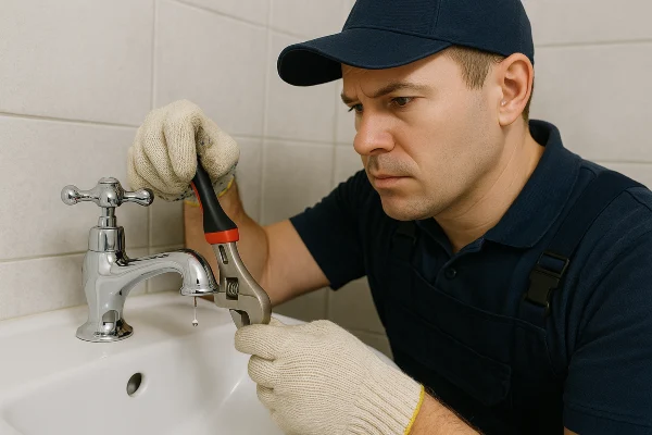 A plumbing technician using a tool to fix a water faucet from Plumbing Lake Travis in Austin, TX - Pipe Plumbing Repairs