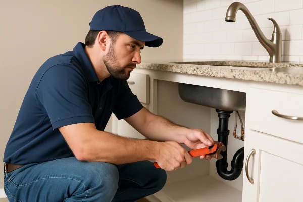 A male plumber checking a kitchen sink pipe connection from Plumbing Lake Travis in Austin, TX - Pipe Plumbing Repairs
