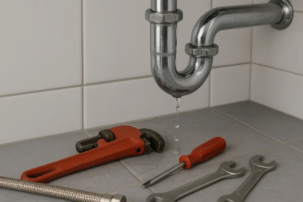 A sink water leak and plumbing tools on the floor from Plumbing Lake Travis in Austin, TX - Septic System Maintenance & Repair