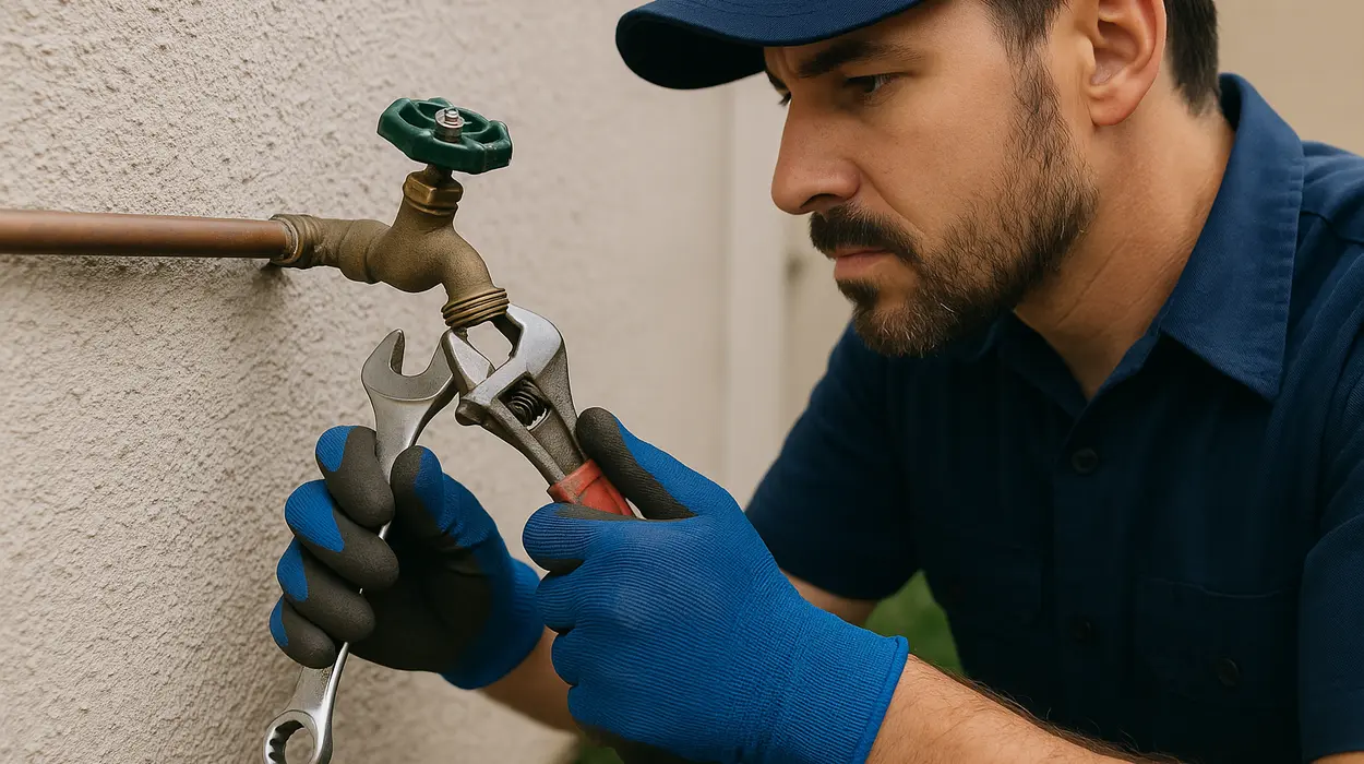 A male plumber fixing an outdoor faucet from Plumbing Lake Travis in Austin, TX - Slab Leak Detection