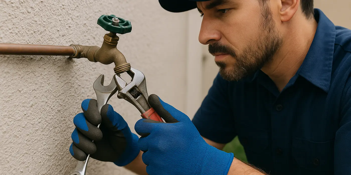 A male plumber fixing an outdoor faucet from Plumbing Lake Travis in Austin, TX - Slab Leak Detection A male plumber fixing an outdoor faucet from Plumbing Lake Travis in Austin, TX - Slab Leak Detection