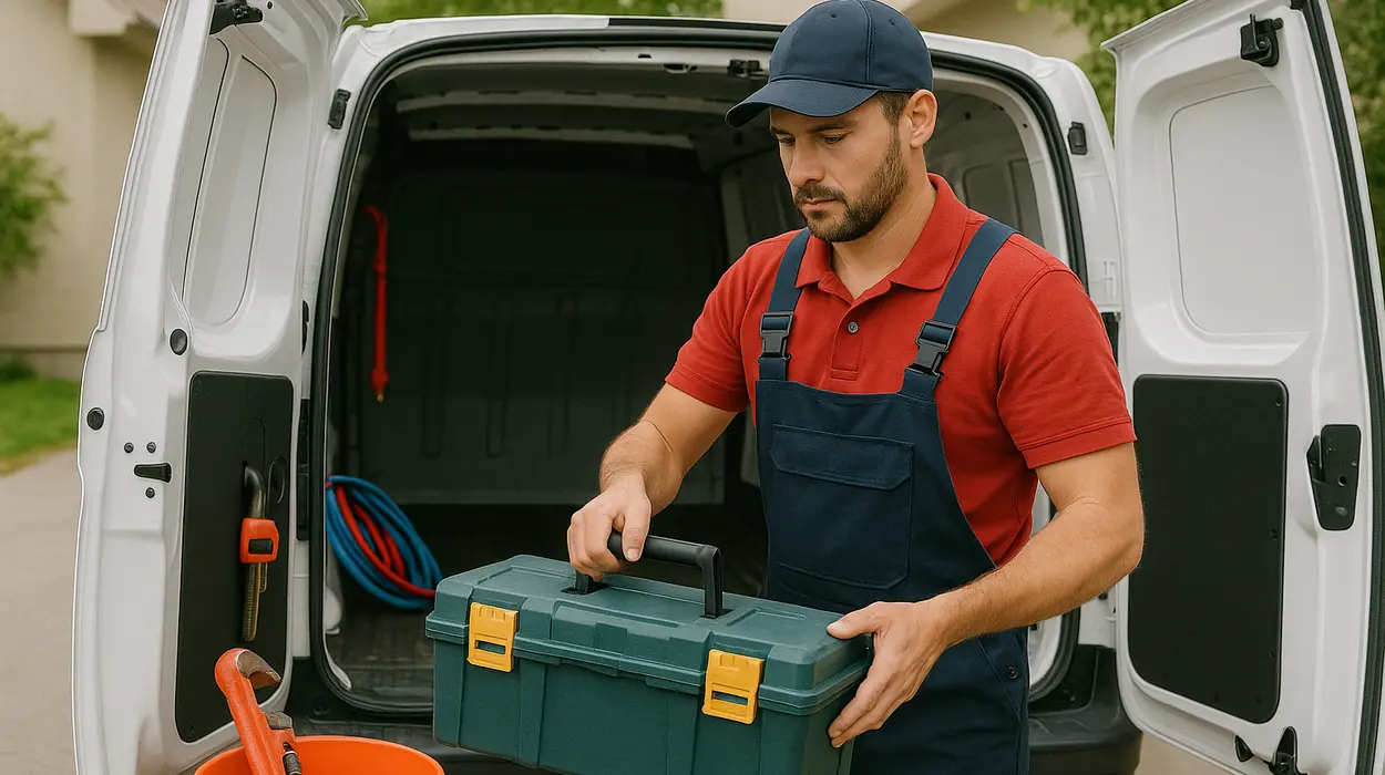 A plumbing technician putting his tool box back in his van from Plumbing Lake Travis in Austin, TX - Tankless Water Heater Installation