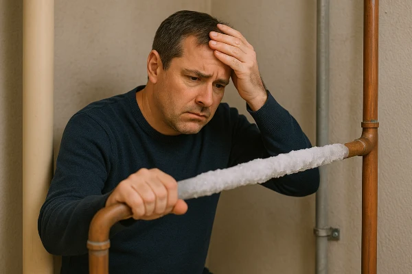 A wooried plumber looking at a frozen pipe from Plumbing Lake Travis in Austin, TX - Water Softener Installation