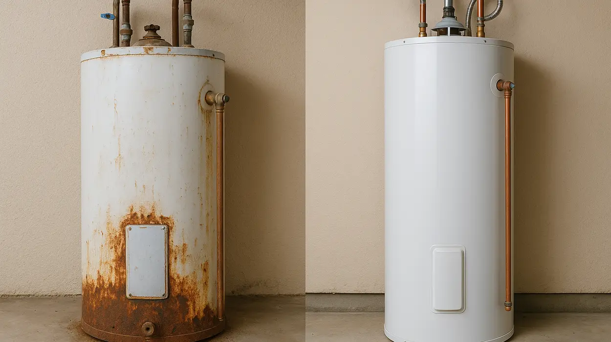 One rusted water heater next to a brand new water heater from Plumbing Lake Travis in Westlake, TX - Westlake TX