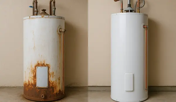 One rusted water heater next to a brand new water heater from Plumbing Lake Travis in Westlake, TX - Westlake TX
