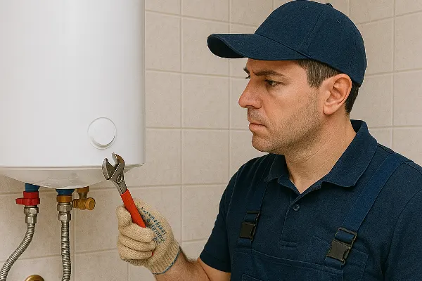 A male plumber working on a water heater hanging from the wall from Plumbing Lake Travis in Westlake, TX - Westlake TX A male plumber working on a water heater hanging from the wall from Plumbing Lake Travis in Westlake, TX - Westlake TX