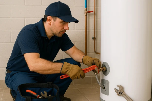 A male plumber working on a water heater connection from Plumbing Lake Travis in Westlake, TX - Westlake TX A male plumber working on a water heater connection from Plumbing Lake Travis in Westlake, TX - Westlake TX